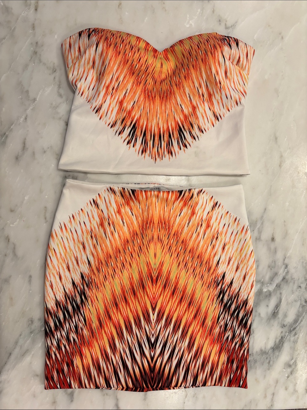 Guess White Strapless Two-Piece Skirt Set with Orange and Black Pattern